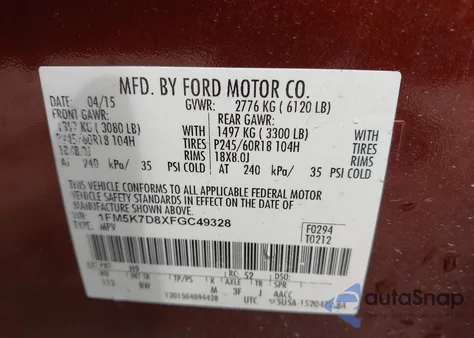 2015 Ford Explorer Xlt from USA, damaged, VIN 1FM5K7D8XFGC49328